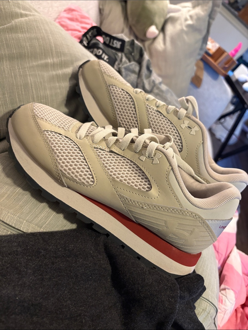 Youth Under Armour Light Beige and Red Casual Sneakers